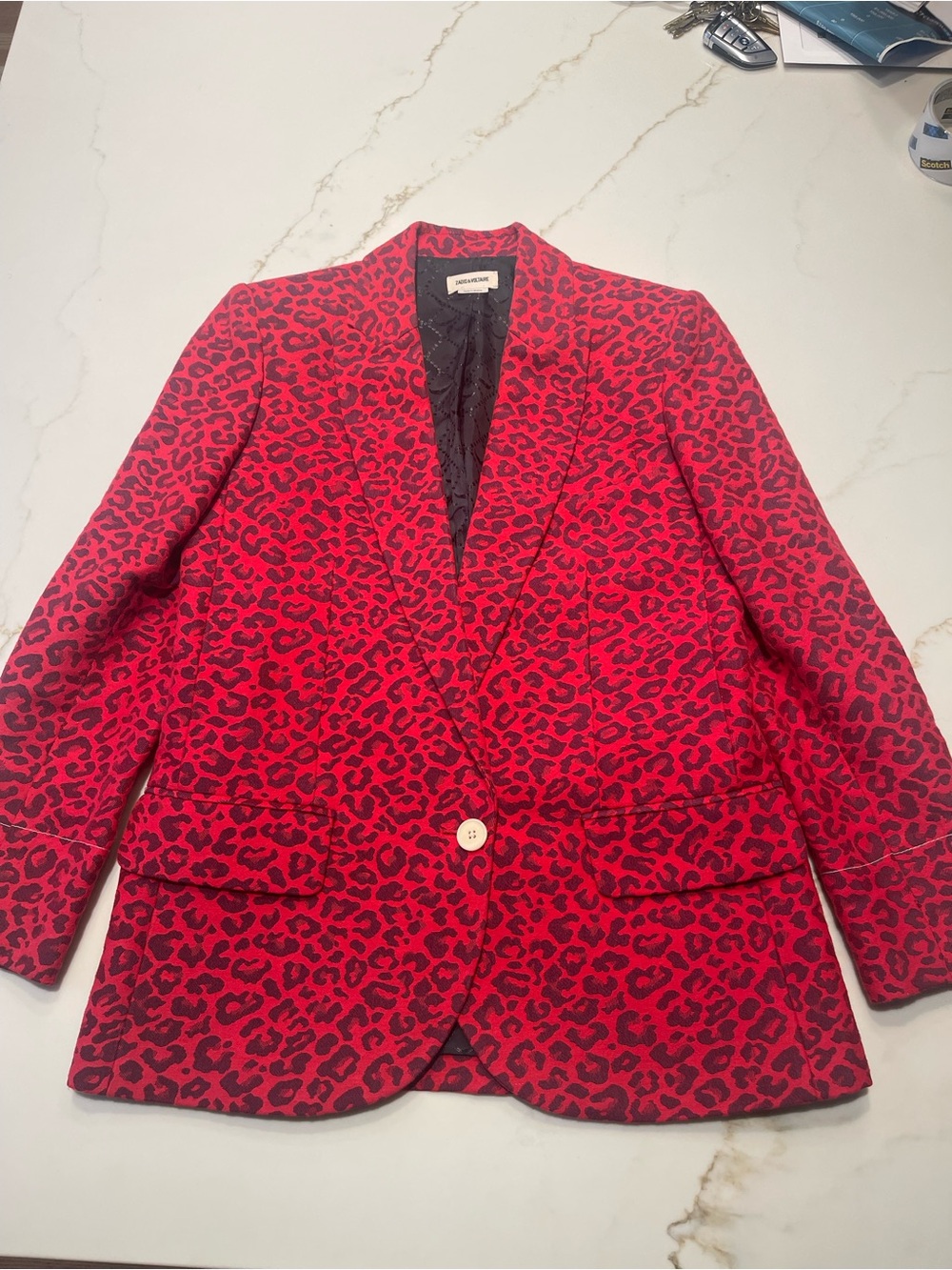 Women’s Zadig & Voltaire Red and Black Leopard-Print Single-Button Blazer Sz 36
